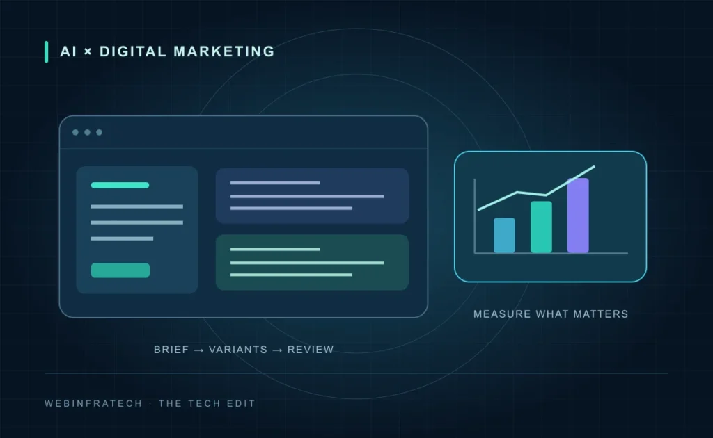 A digital marketing workspace showing a campaign brief, creative variants and a reviewed performance dashboard
